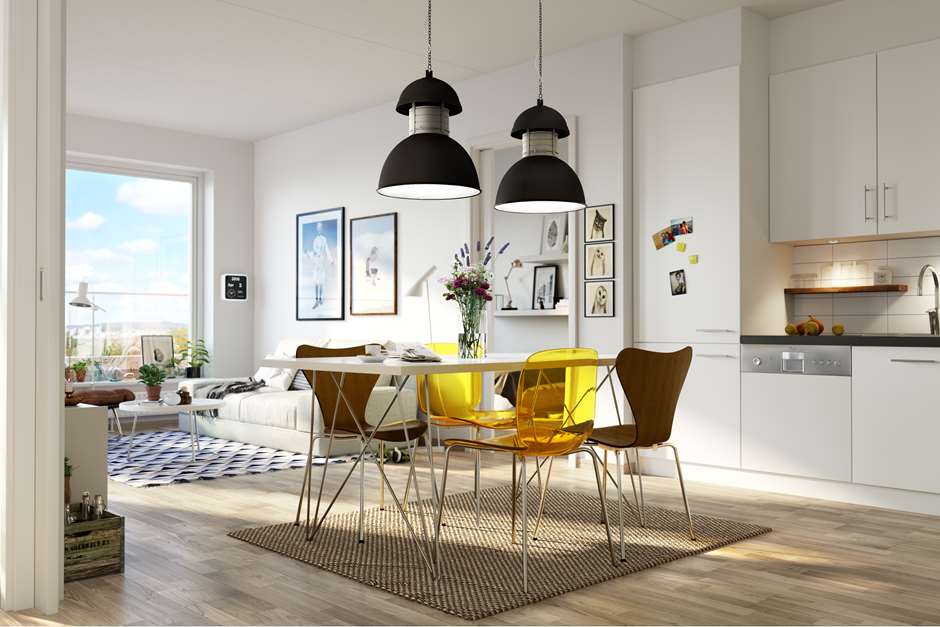 Ilustrasjon av kjøkken og spiseplass i ny leilighet