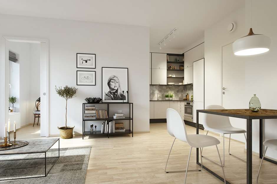 Illustrasjon av stue og kjøkken i ny leilighet