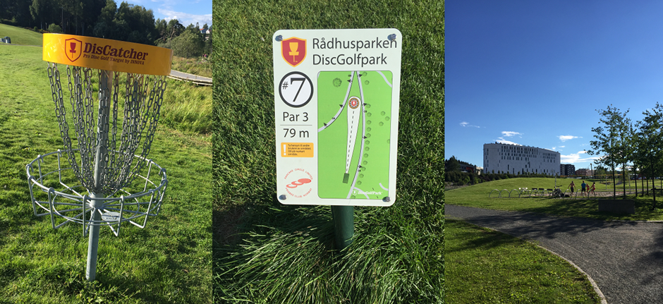 Discgolf og sandvolleyball i Rådhusparken på Lørenskog