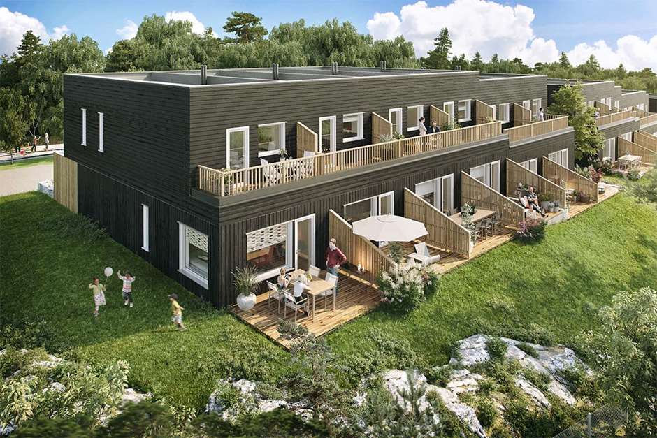 Rekkehus på Bjørnåsen, utemiljø, illustrasjon