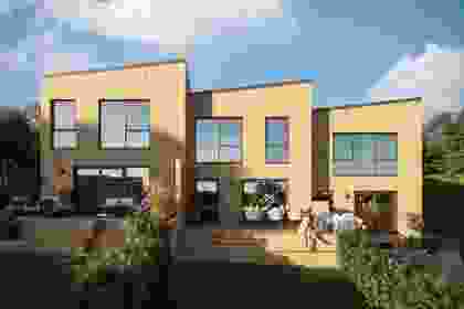 Rekkehusrekke med skråtak og hage på Puddertoppen i Lørenskog Stasjonsby, illustrasjonsbilde